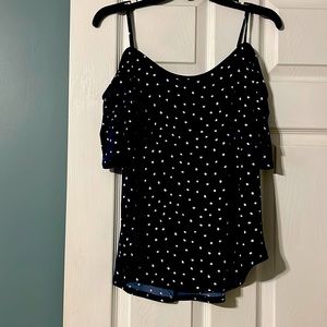 Navy knit polka dot cross off shoulder top